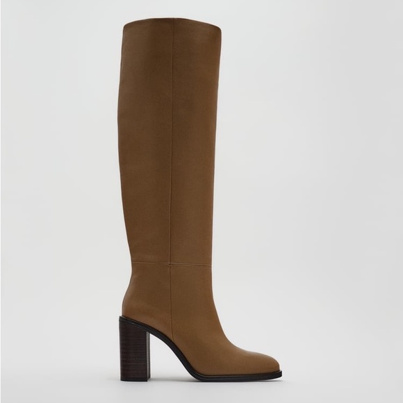 Zara Brown Heeled Knee High Leather Boots - Picture 11 of 17